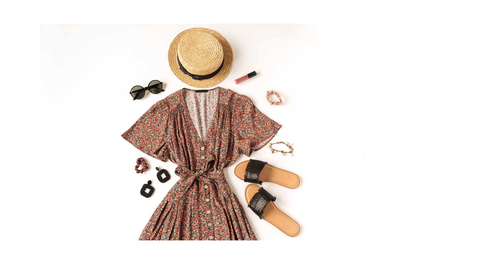 Curated Summer Style Set: Dress, Sandals, Hat & Accessories